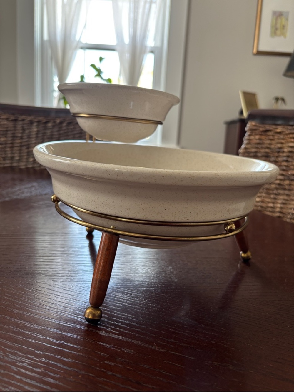 Mid Century MC cream speckled  Chip and Dip Bowl with Brass and Wood Stand
